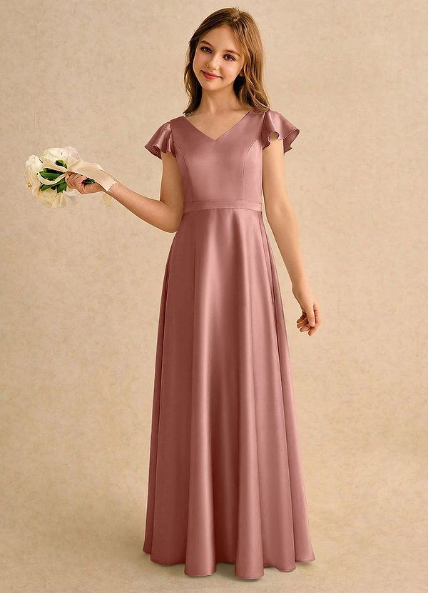 Azazie Nari Girls Formal Sukienki dla dziewczynek sypiących kwiaty Linia A z rękawami Satyna elastyczna Długość podłogi Sukienka image1