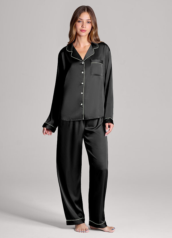 front Preto Conjunto de pijama de cetim com calças e mangas compridas