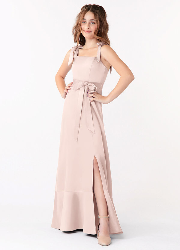 Azazie Barbara Junior A-Line Sløjfe Stræk satin Gulv-længde Junior brudepige Kjole image1