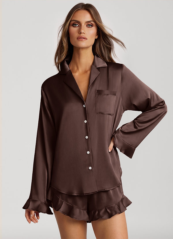 front Ganache Ruffled Satin Long Sleeve Shorts Pajama Set