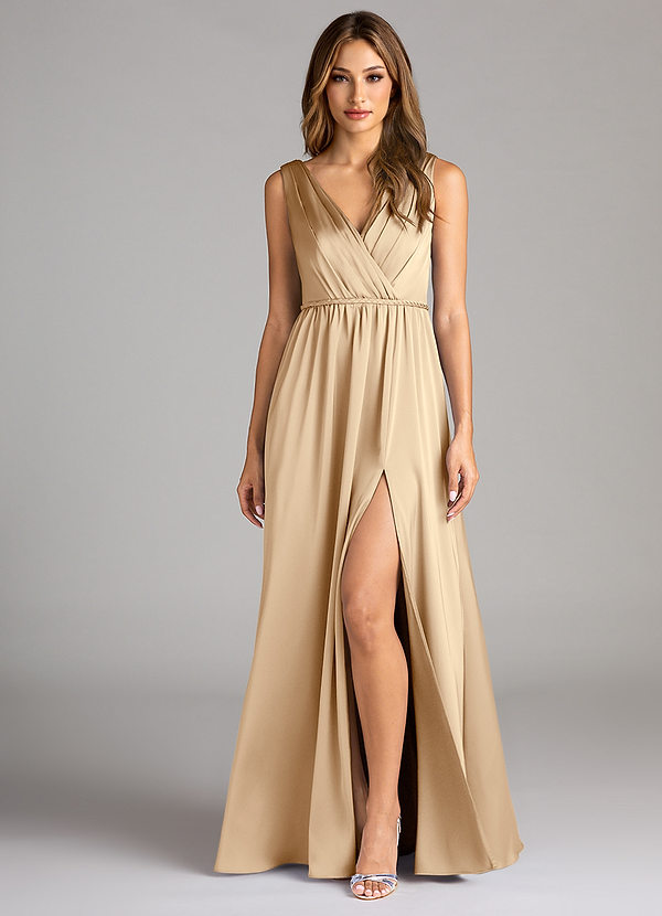Azazie Tanicia Brautjungfernkleider A-Linie Plissee Stretch-Satin Kleid Champagner image1