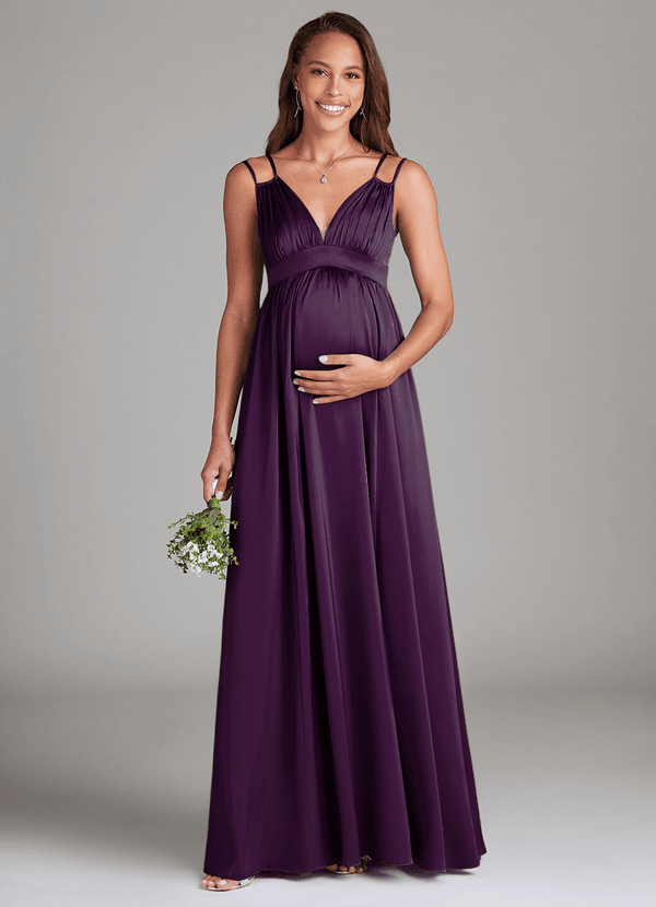 Azazie Emree Gravid brudtärna Klänningar Klänning A-Linje med fickor Golvlängd Stretch Satin image1