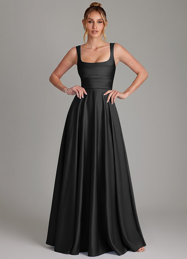 Azazie Azaria Bridesmaid Dresses Black A-Line Corset Stretch Satin Dress image1