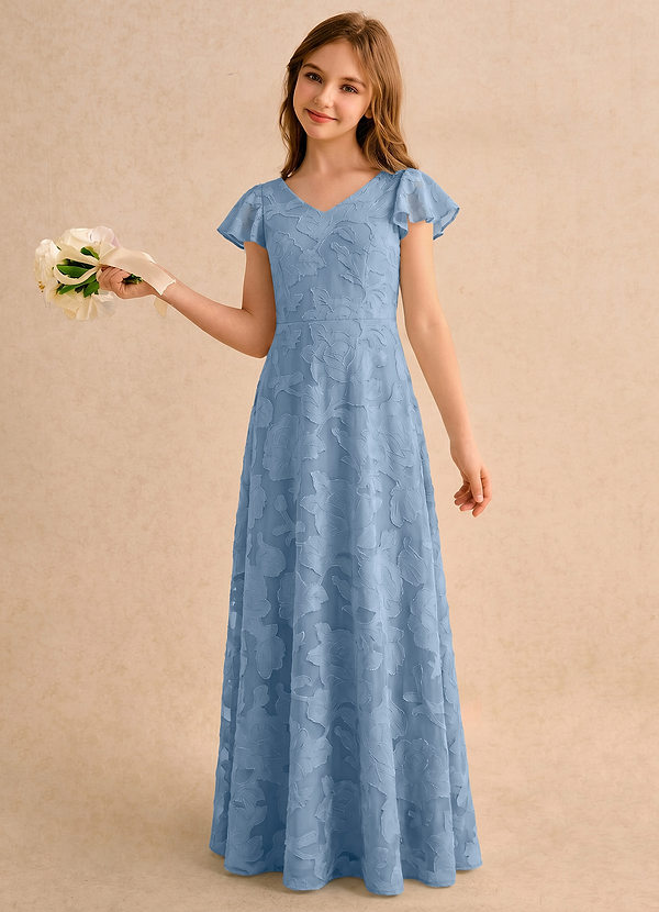 Azazie Narin Girls Formal Flower Girl Dresses Powder Blue A-Line with Sleeves Floral Burnout Dress image1