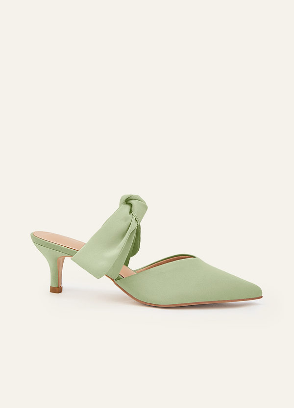 front Matching Color Stretch Satin Bow Pointed Toe Kitten Heel Mules