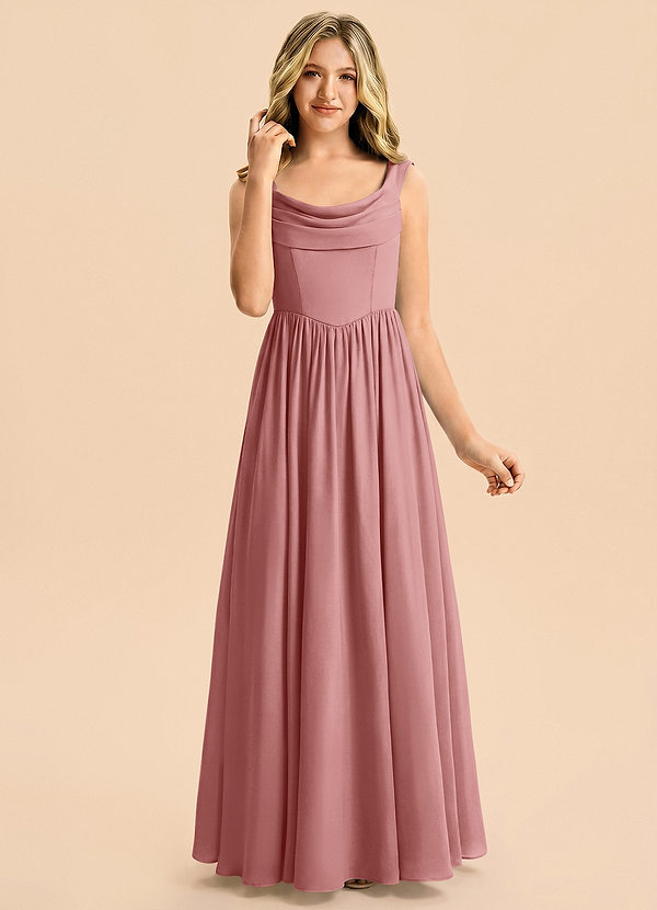 Azazie Cali Junior Vestido Rosa Polvorienta de Satén Elástico de Corte en A con Plisado image1
