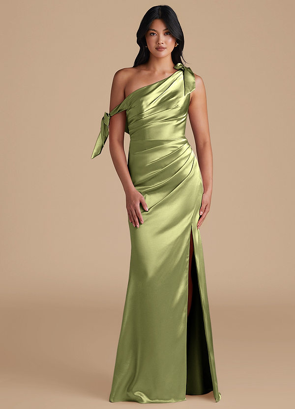 Azazie Xyla Bridesmaid Dresses Pistachio Sheath Off the Shoulder Metallic Satin Convertible Dress image1