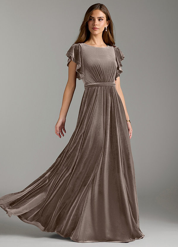 Azazie Daphne Robe demoiselle d'honneur modeste Robe Trapèze avec ceinture Longueur ras du sol velours image1