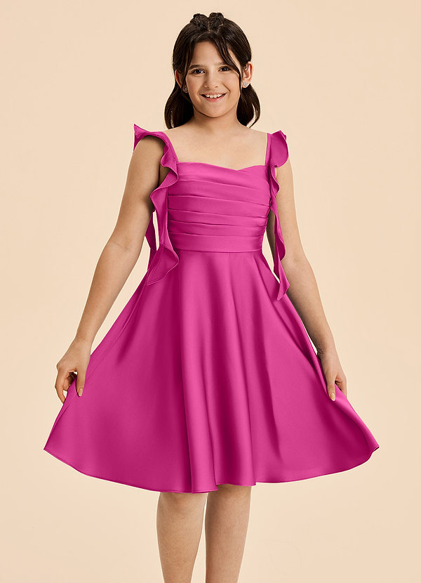 Azazie Kira Junior Vestido Fucsia de Satén Elástico de Corte en A con Drapeado image1