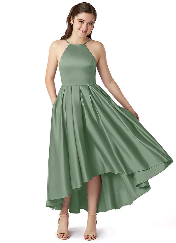 Azazie Jemima Junior Matcha A-Line with Pockets Stretch Satin Dress image1