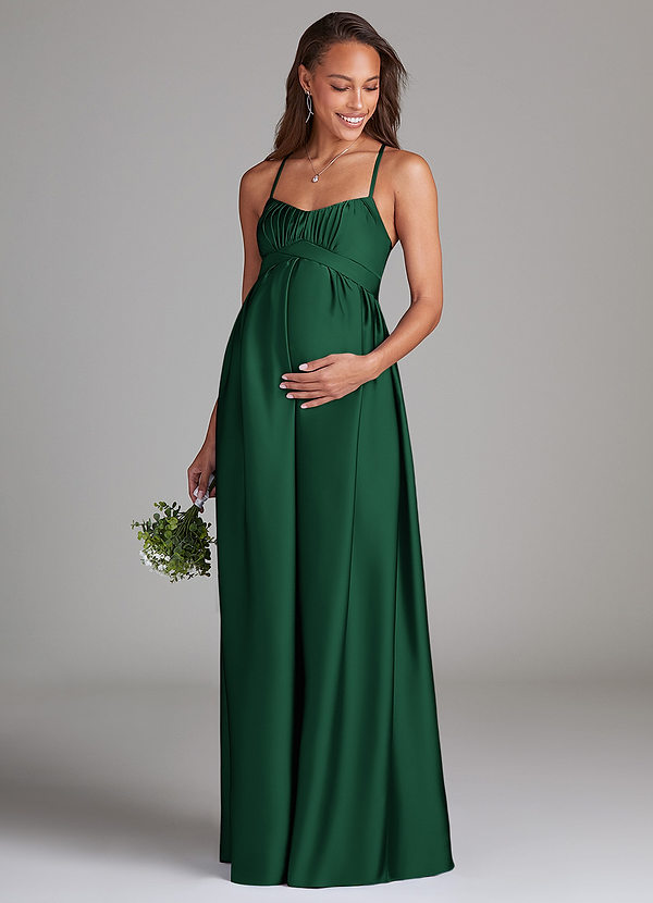 Azazie Llana Maternity Bridesmaid Dresses A-Line Stretch Satin Floor-Length Dress with Pockets image1