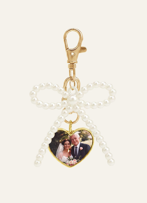 front Personalized Pearl Bow Bag Charm With Photo Insert