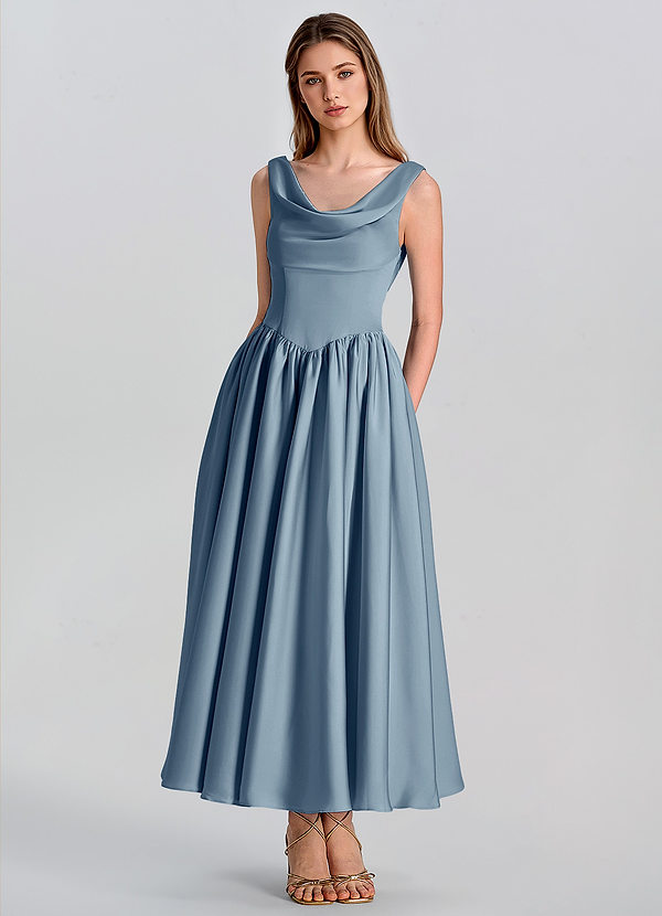 Virelle Bleu Poussiéreux Robe midi trapèze en satin image1