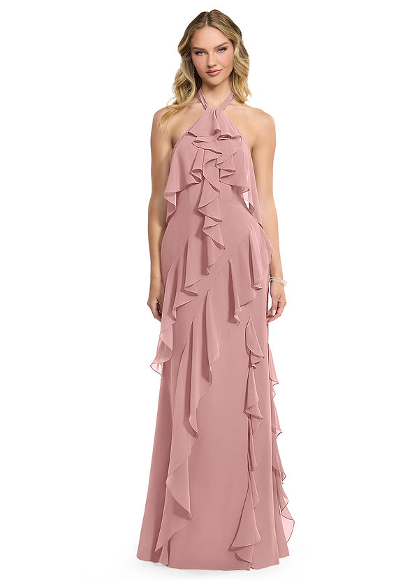 Azazie Velma Bridesmaid Dresses Dusty Rose A-Line Side Slit Chiffon Dress image1