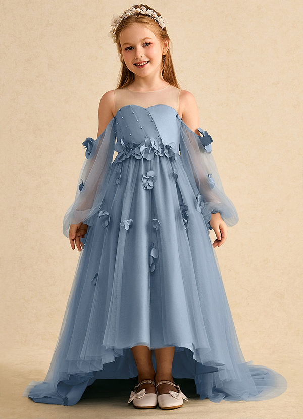 Azazie Karrie Robes de Fillette d'Honneur Robe Trapèze en Tulle avec manches Bleu Poussiéreux image1
