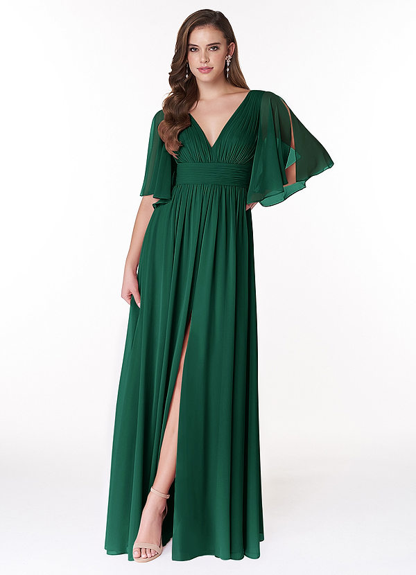 Azazie Temeka Bridesmaid Dresses Emerald A-Line Ruched Chiffon Dress image1