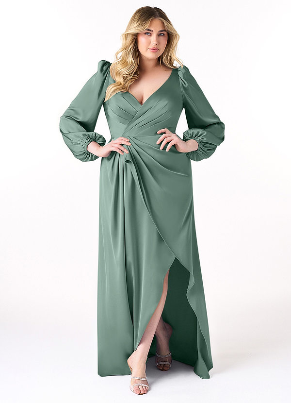 Azazie Mel Bridesmaid Dresses Eucalyptus Sheath Long Sleeve Stretch Satin Dress image1