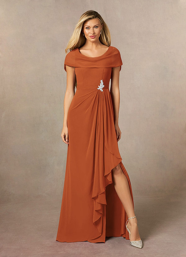 Azazie Mary Mother of the Bride Dresses Vestir Canela de Chiffon de Linha A com Fenda Lateral image1