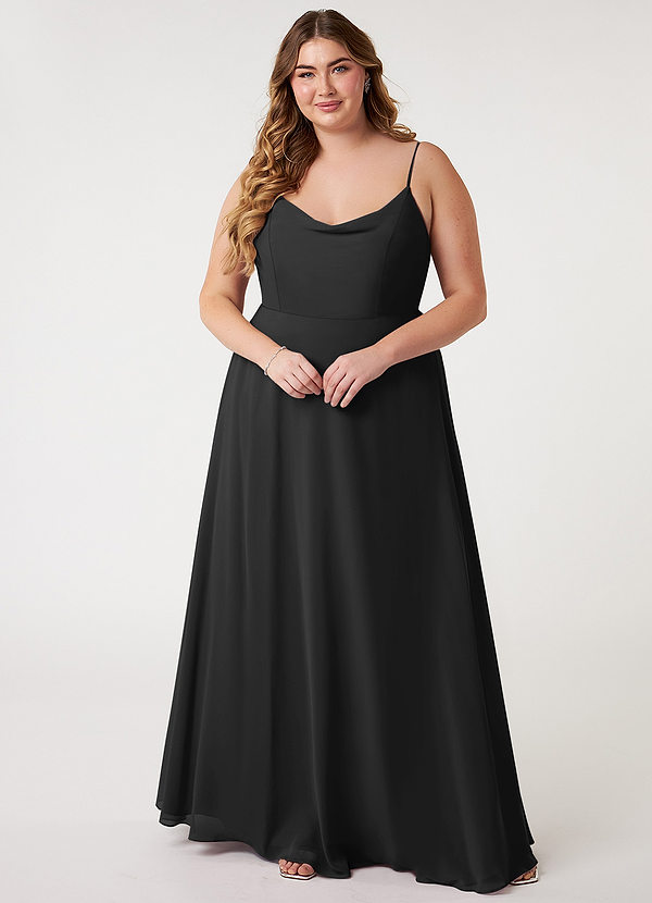 Azazie Daenerys Bridesmaid Dresses Black A-Line Cowl Chiffon Dress image1