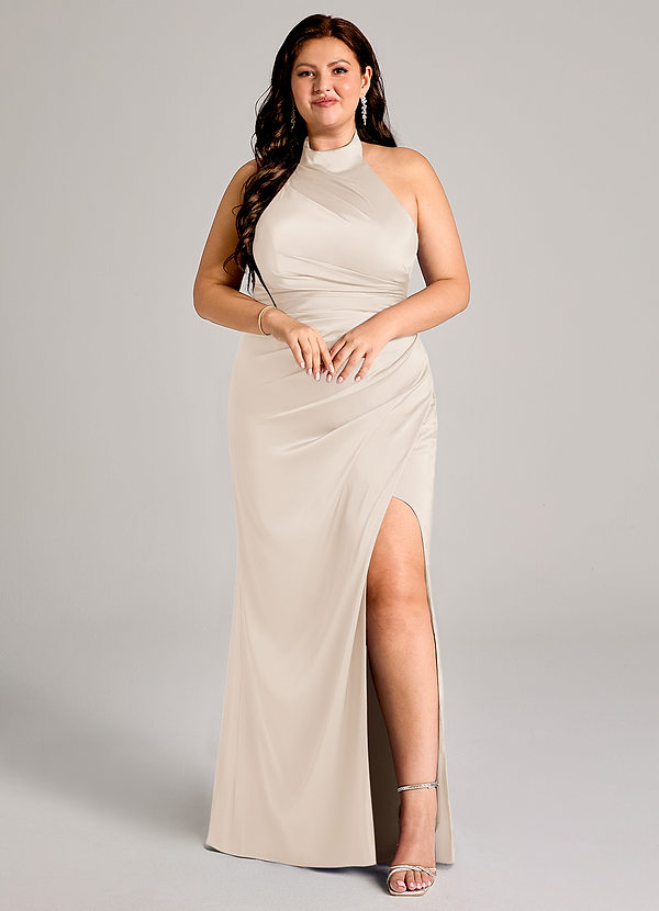 Azazie Jemma Bridesmaid Dresses White Alabaster Sheath Pleated Stretch Satin Dress image1