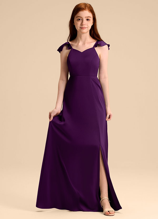 Azazie Everett Junior Abito A-Line in Raso Elasticizzato Fiocco Uva image1