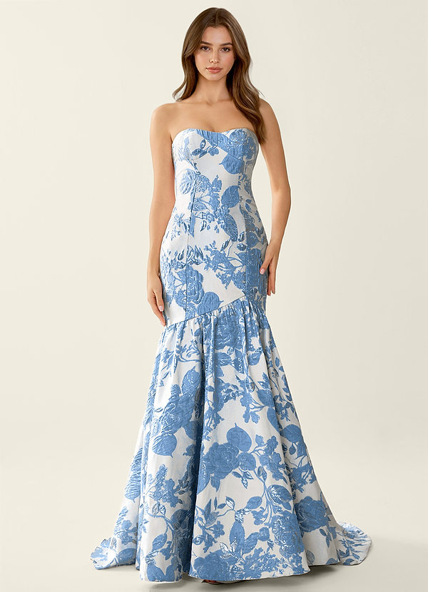 Jacinta Steel Blue Floral Jacquard wrap Mermaid Prom Dress image1