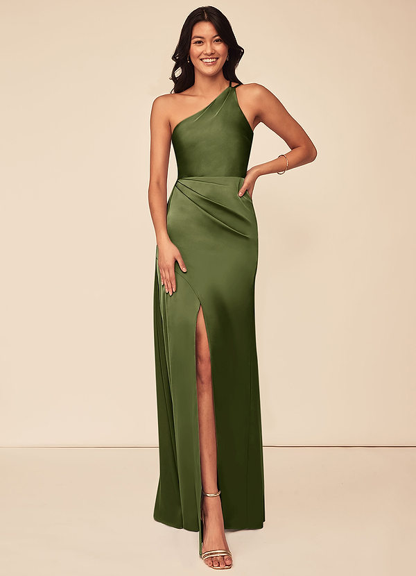 Azazie Maron Bridesmaid Dresses Olive A-Line One Shoulder Stretch Satin Dress image1