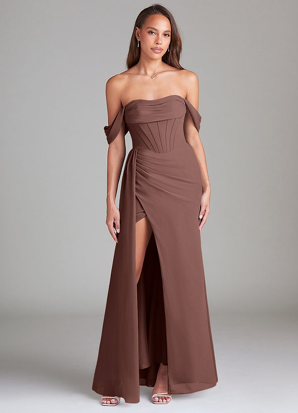 Azazie Amyra Bruidsmeisjes Jurken Converteerbaar Jurk van Chiffon met Kolom Off the Shoulder Espresso image1