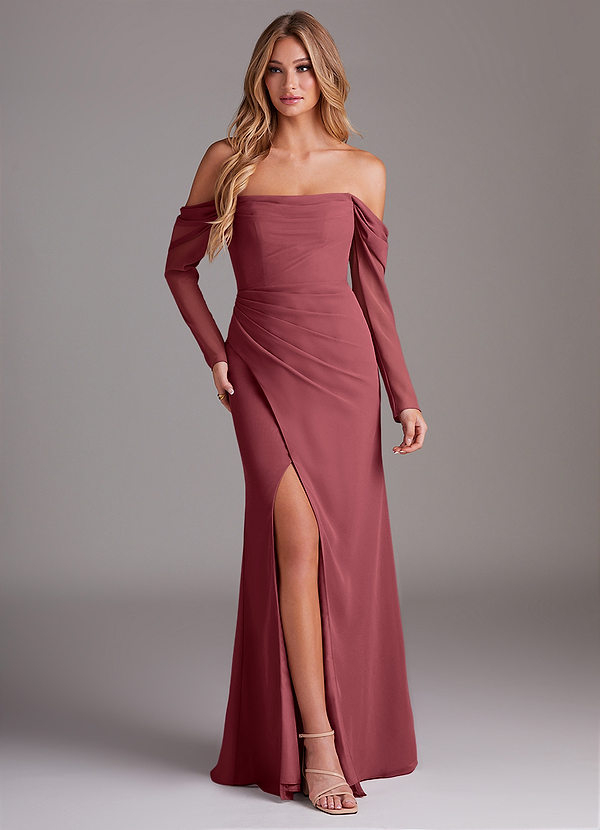 Azazie Hallie Abiti da Damigella Abito Sirena in Chiffon Manica Lunga Merlot image1