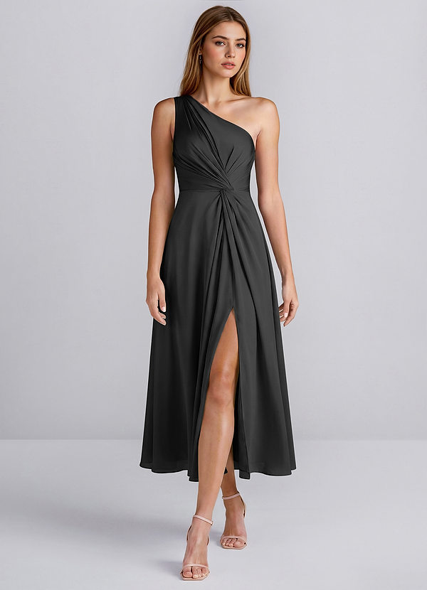 Hermine Schwarz Ein-Schulter-Satin-Midikleid mit Schlitz image1