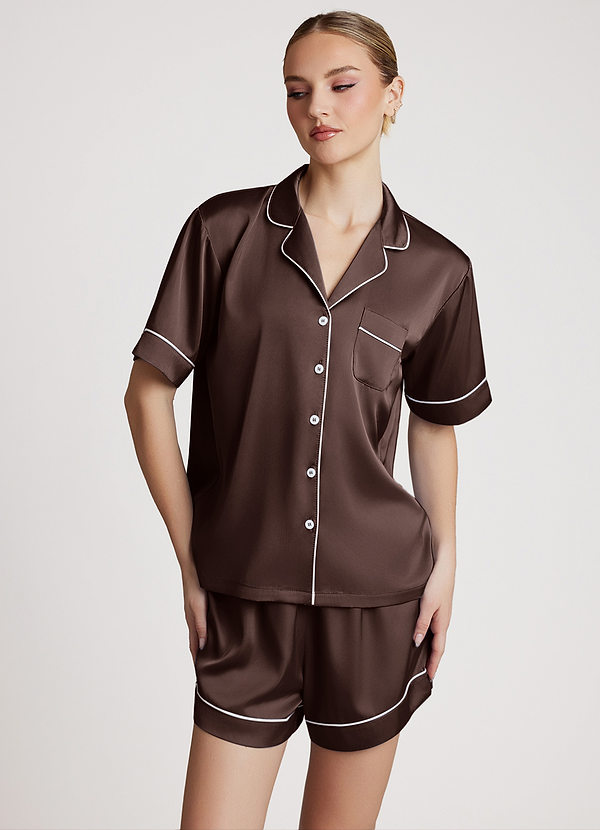 front Ganache Satin Contrast Piping Pajama Set