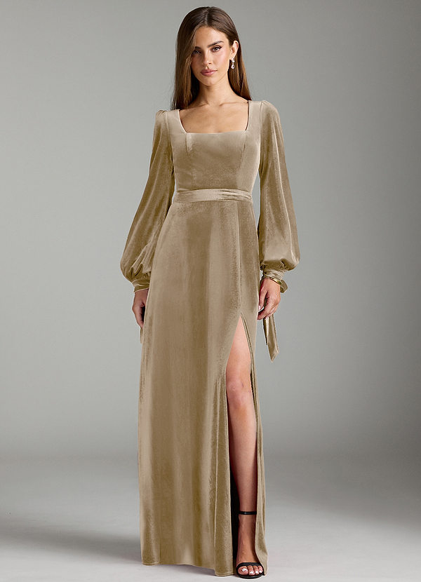 Azazie Leonia Bridesmaid Dresses Golden Tan A-Line Long Sleeve Velvet Dress image1