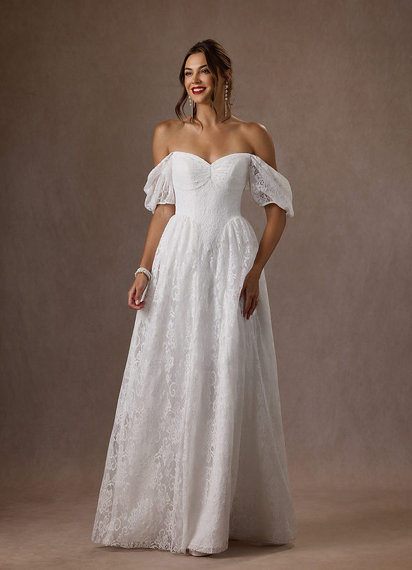 Azazie Britt Wedding Dresses Diamond White A-Line Sweetheart Neckline Lace Dress image1