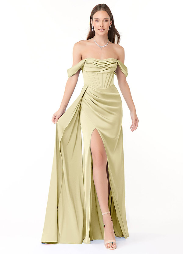 Azazie Amyra Robes Demoiselle d'honneur Robe Sirène Convertible en Satin extensible Épaule décolletée Sorbet Citron image1