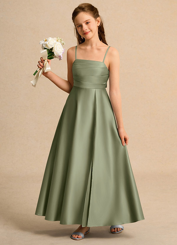 Azazie Pebbles Girls Formal Blumenkinder Kleider A-Linie Plissee Matte Satin Kleid Pistazie image1