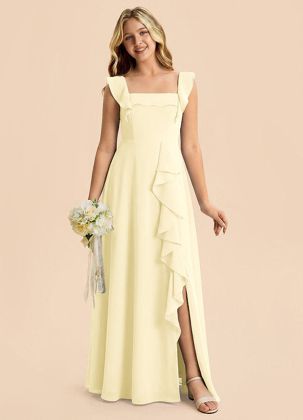Azazie Nori Junior Lemon Sorbet A-Line Ruched Chiffon Dress image1