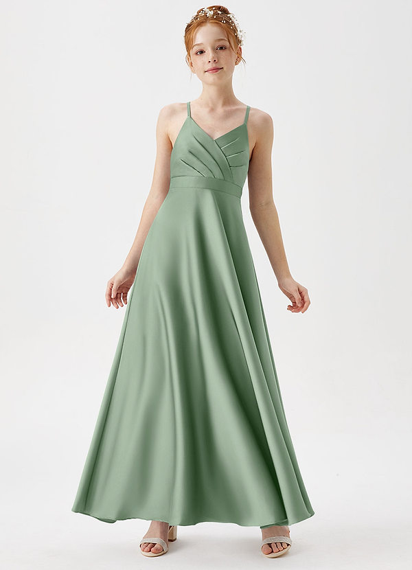 Azazie Avelina Junior Matcha A-Line Pleated Stretch Satin Dress image1