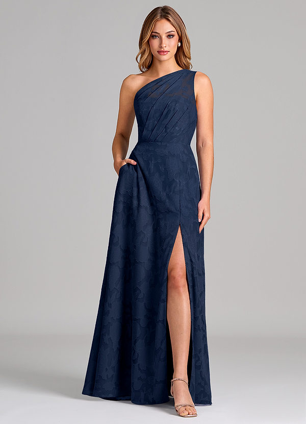 Azazie Phaedra Brudtärneklänningar Klä av A-Linje i Blommig Utbrändhet Ena axeln Mörk Marinblå image1