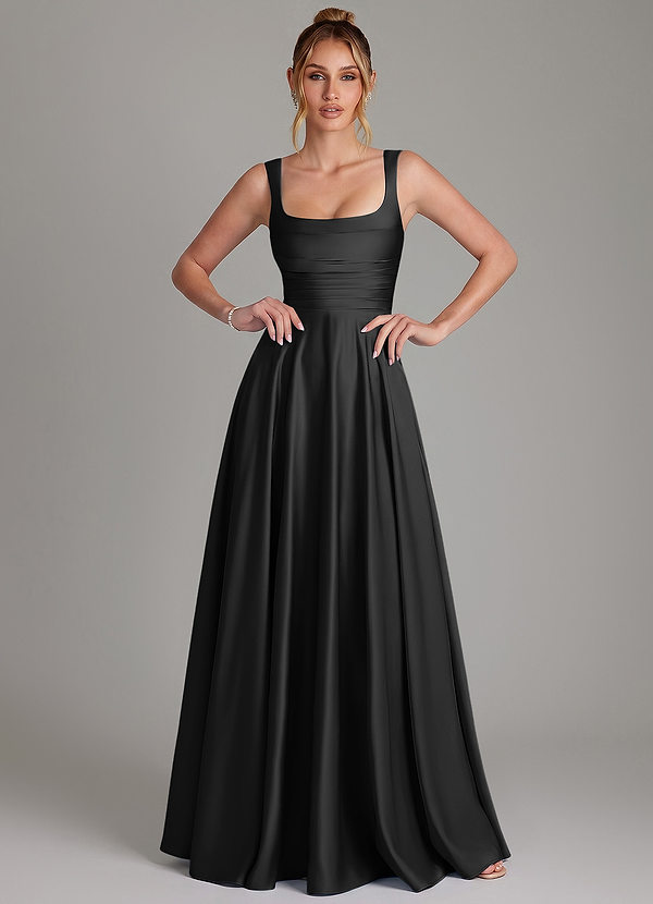 Azazie Azaria Bridesmaid Dresses Black A-Line Corset Stretch Satin Dress image1