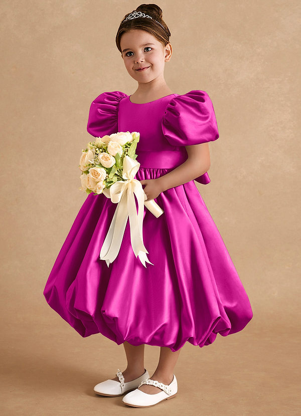 Azazie Jellybean Flower Girl Dresses Fuchsia Ball-Gown Ruched Matte Satin Dress image1