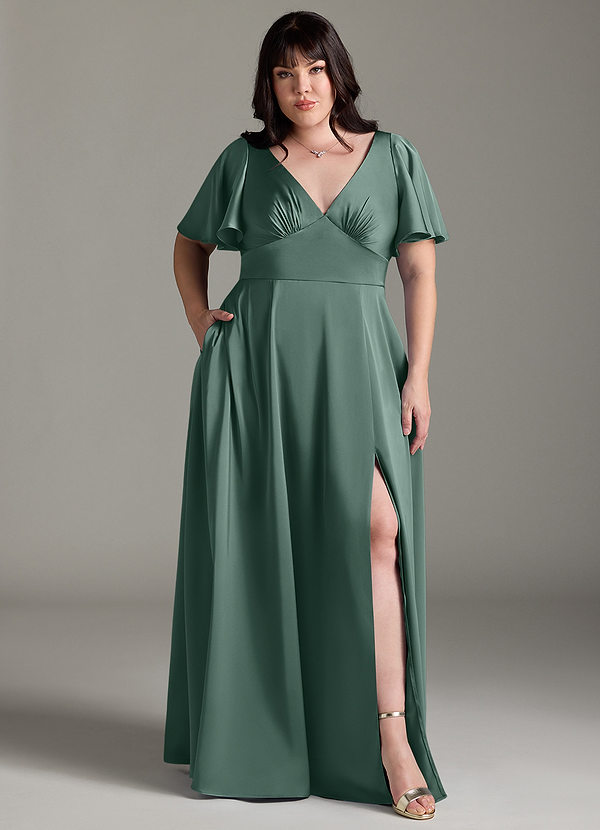 Azazie Kimber Bridesmaid Dresses Eucalyptus A-Line Ruched Stretch Satin Dress image1
