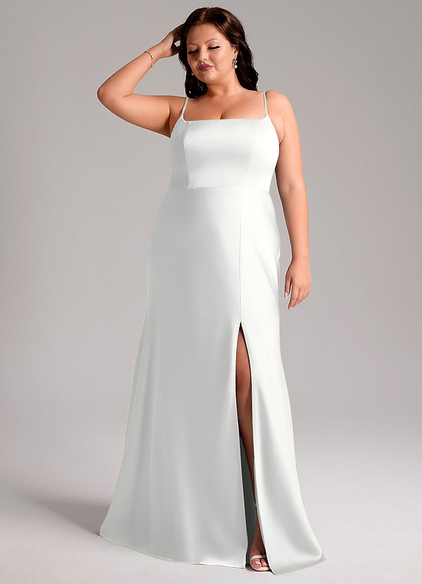 Azazie Lidia Vestidos Dama de Honor Vestido de Blanco de Satén Elástico de Corte Sirena con Corte Lateral image1