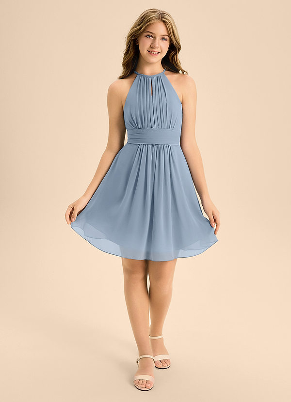 Azazie Bonnie Junior Dusty Blue A-Line Pleated Chiffon Dress image1