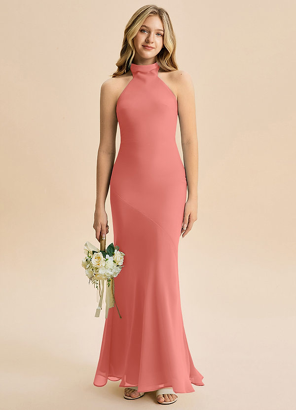 Azazie Velli Junior Salmon Pink Mermaid High Neck Chiffon Dress image1