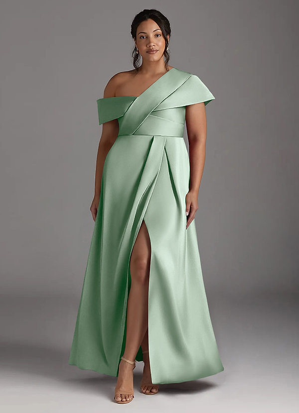 Azazie Milton Mother of the Brides Dresses Agave A-Line Pleated Stretch Satin Dress image1