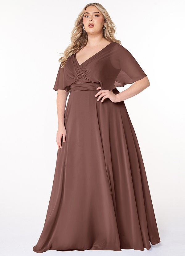 Azazie Pamela Bridesmaid Dresses Espresso A-Line V-Neck Pleated Chiffon Dress image1