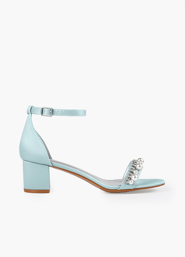 front Matching Color Matte Satin Pearl and Rhinestone Block Heel Sandals