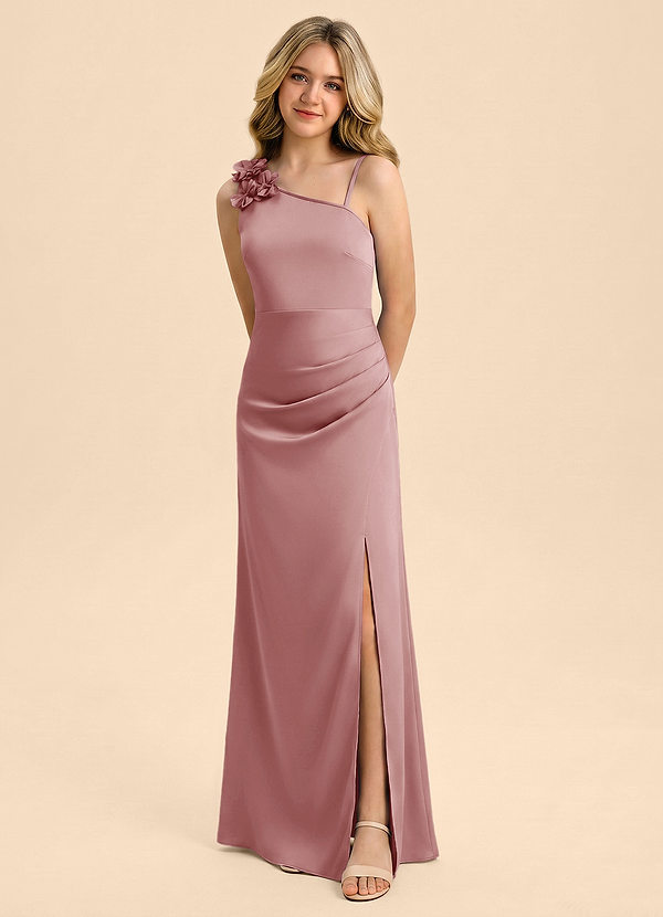 Azazie Remi Junior Dusty Rose Sheath Side Slit Stretch Satin Dress image1