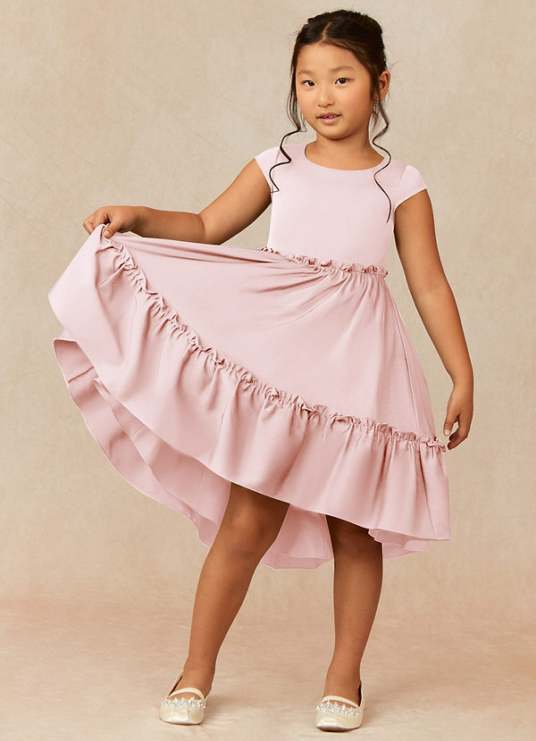Azazie Lee Flower Girl Dresses Blushing Pink A-Line Bow Stretch Satin Dress image1