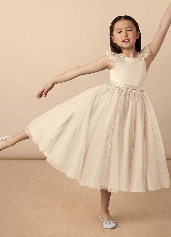 Azazie Dolly Flower Girl Dresses Champagne A-Line Bow Tulle Dress image1